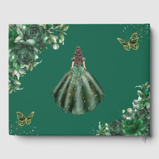 Emerald Green Floral Princess Gold Quinceanera Gästebuch (Rückseite)