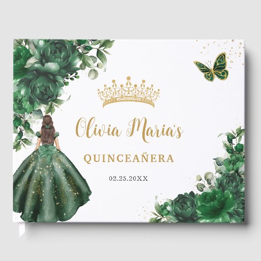 Emerald Green Floral Princess Gold Quinceanera Gästebuch (Vorderseite)