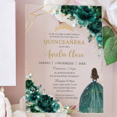 Emerald Green Floral Princess Gold Quinceañera XV Acryleinladungen