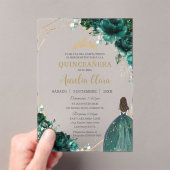 Emerald Green Floral Princess Gold Quinceañera XV Acryleinladungen (Insitu (Handheld))