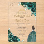 Emerald Green Floral Princess Gold Quinceañera XV Acryleinladungen (Vorderseite)