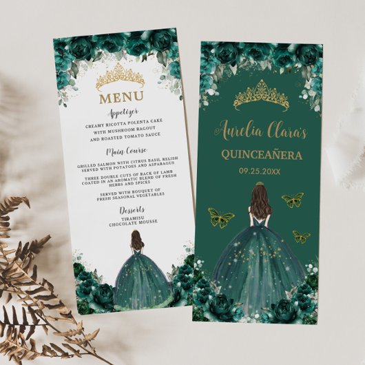 Emerald Green Floral Princess Quinceañera Menü Programm