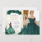Emerald Green Floral Princess Quinceañera Photo Einladung (Vorderseite)