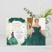 Emerald Green Floral Princess Quinceañera Photo Einladung (Stehend Vorderseite)