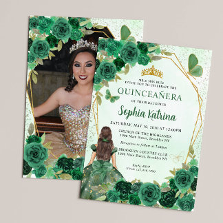 Emerald Green Floral Princess Quinceañera Photo Einladung