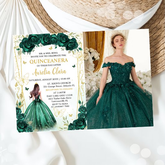 Emerald Green Floral Princess Quinceañera Photo Einladung