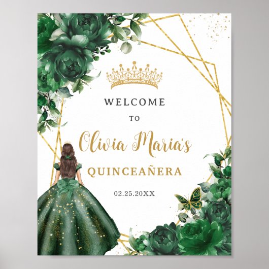 Emerald Green Floral Princess Quinceañera Willkomm Poster (Vorne)