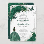 Emerald Green Floral Princess Silver Quinceañera Einladung (Vorne/Hinten)
