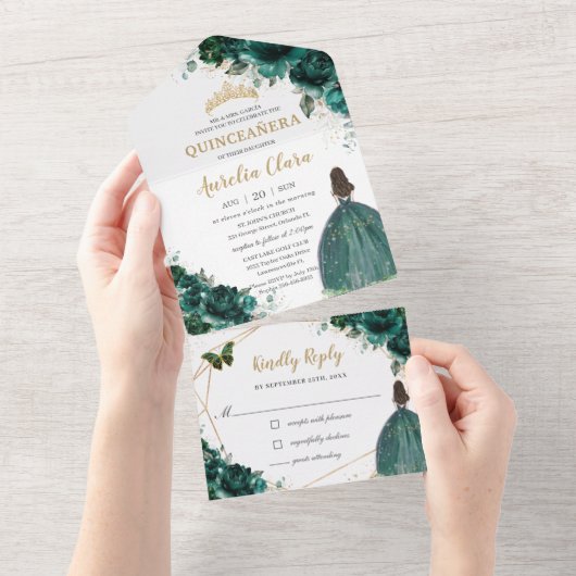 Emerald Green Floral Princess Tiara Quinceañera All In One Einladung (Abreißen)