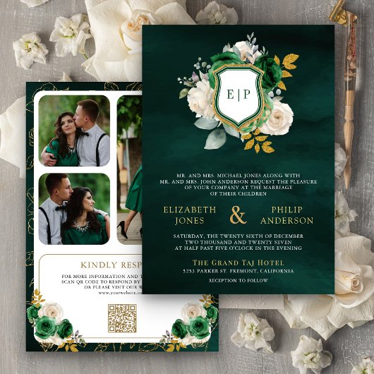Emerald Green Floral QR Code Foto Wappen Hochzeit Einladung