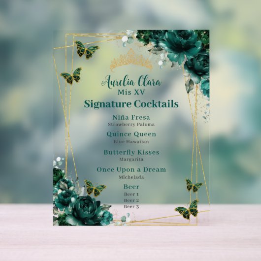 Emerald Green Floral Quinceanera Bar Cocktail Menü Acrylschild (Neutral)