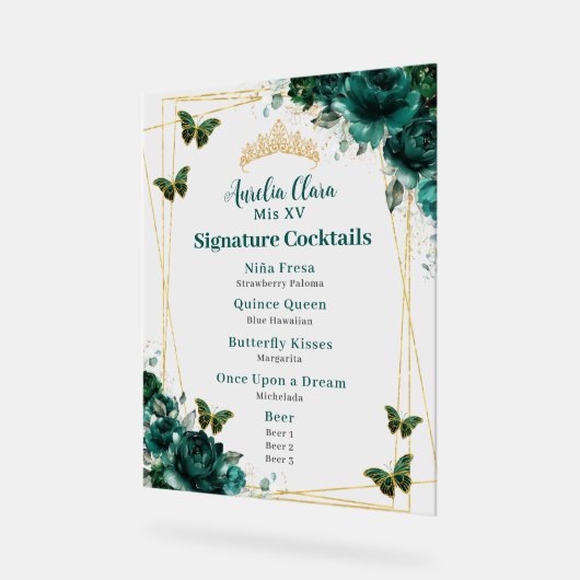 Emerald Green Floral Quinceanera Bar Cocktail Menü Acrylschild (Winkel)