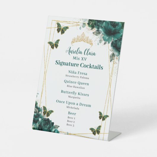 Emerald Green Floral Quinceanera Bar Cocktail Menü Sockelschild (Vorderseite)