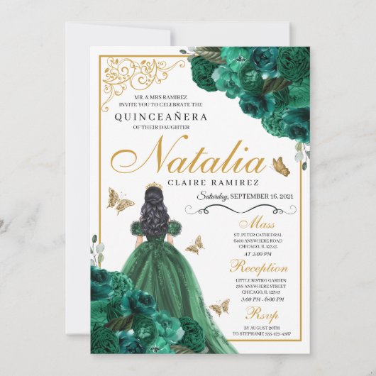 Emerald Green Floral Quinceanera Birthday Invitati Einladung (Vorderseite)