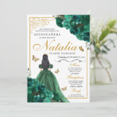 Emerald Green Floral Quinceanera Birthday Invitati Einladung (Stehend Vorderseite)