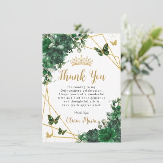 Emerald Green Floral Quinceañera Butterfliegen Dankeskarte (Stehend Vorderseite)
