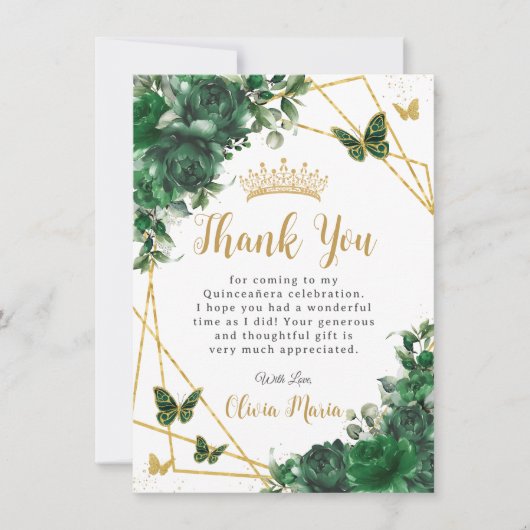 Emerald Green Floral Quinceañera Butterfliegen Dankeskarte (Vorderseite)