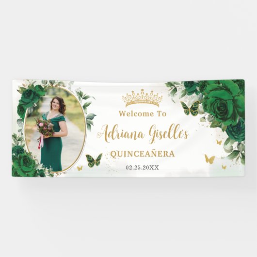 Emerald Green Floral Quinceañera Foto Hintergrund Banner (Horizontal)