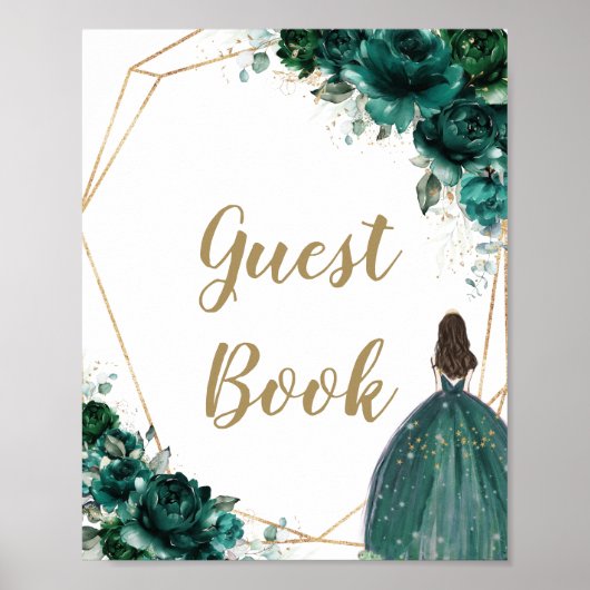 Emerald Green Floral Quinceañera Gastbuch-Zeichen Poster (Vorne)