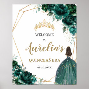 Emerald Green Floral Quinceañera Geometric Willkom Poster