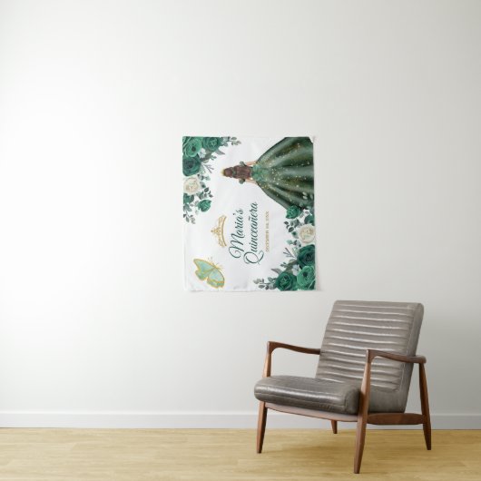 Emerald Green Floral Quinceañera Gold Willkommensz Wandteppich (Beispiel)