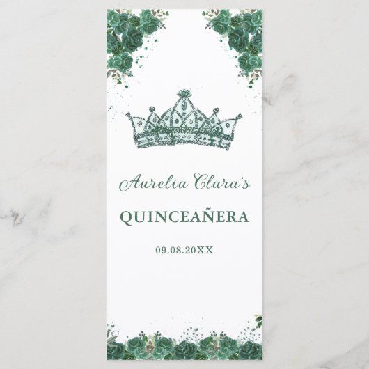 Emerald Green Floral Quinceañera Menü Menükarte (Rückseite)