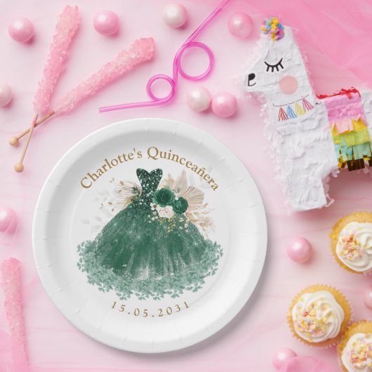 Emerald Green Floral Quinceanera Princess Dress Pappteller (Party)