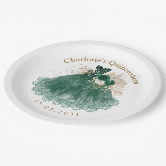 Emerald Green Floral Quinceanera Princess Dress Pappteller (Schrägansicht)