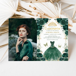Emerald Green Floral Quinceañera Princess Foto Einladung