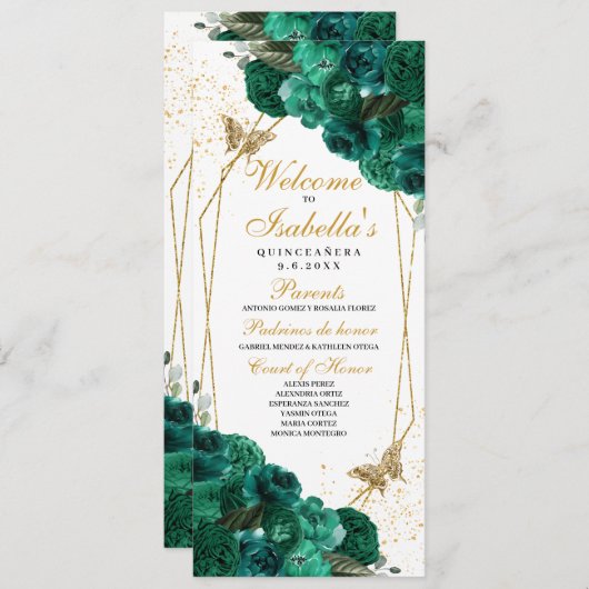 Emerald Green Floral Quinceanera-Programm Einladung (Vorne/Hinten)