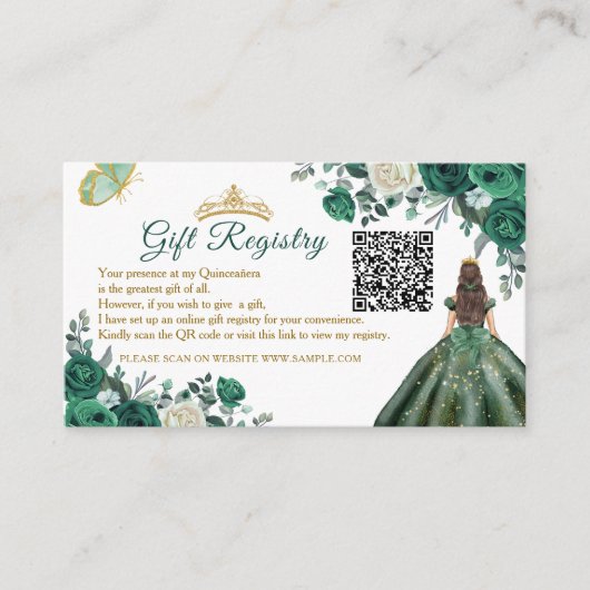 Emerald Green Floral Quinceañera QR Geschenkregist Begleitkarte (Vorderseite)