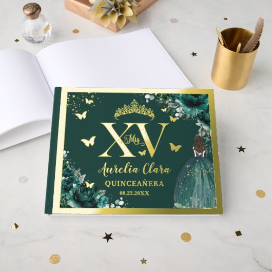 Emerald Green Floral Quinceañera Quince 15 XV Gold Gästebuch (Vorderseite offen)