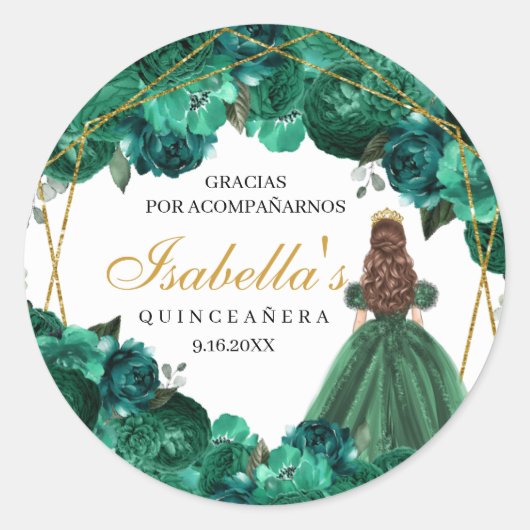 Emerald Green Floral Quinceanera Round Stickers (Vorderseite)