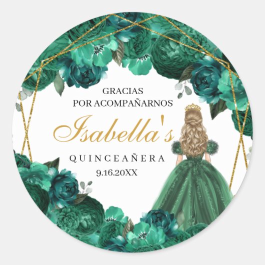 Emerald Green Floral Quinceanera Round Stickers (Vorderseite)