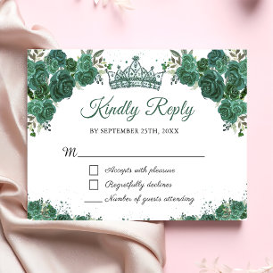Emerald Green Floral Quinceañera RSVP Card