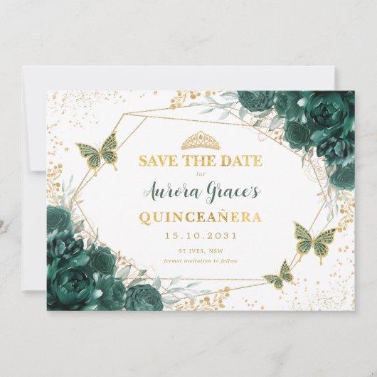 Emerald Green Floral Quinceanera Save the Date Ankündigung (Vorderseite)