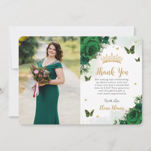 Emerald Green Floral Quinceañera Sweet 16 Foto Dankeskarte (Vorderseite)