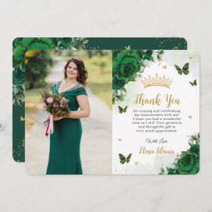 Emerald Green Floral Quinceañera Sweet 16 Foto Dankeskarte