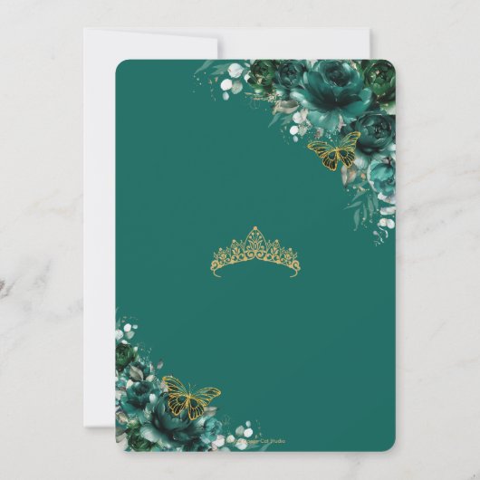 Emerald Green Floral Quinceanera Sweet 16 Geburtst Einladung (Rückseite)