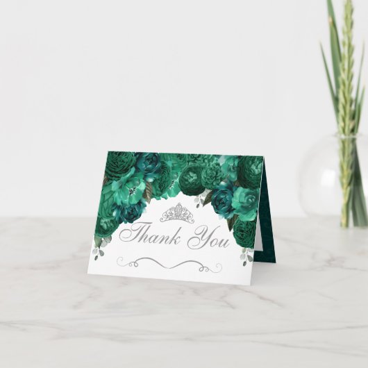 Emerald Green Floral Quinceanera Vielen Dank für I Einladung (Vorderseite)