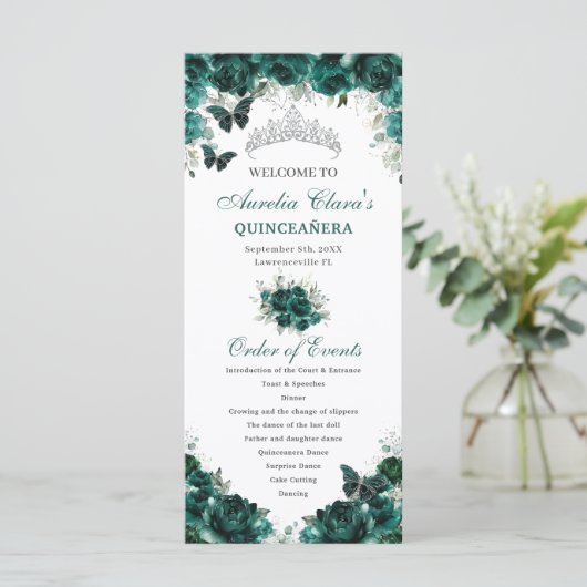 Emerald Green Floral Quinceñera Orden der Ereignis Programm (Stehend Vorderseite)