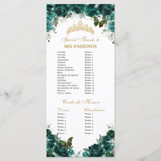 Emerald Green Floral Quinceñera Orden der Ereignis Programm (Rückseite)