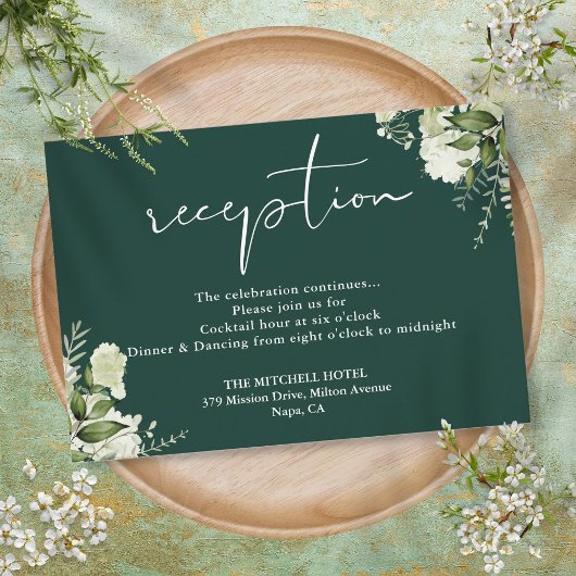 Emerald Green Floral Script Hochzeitsempfang Begleitkarte