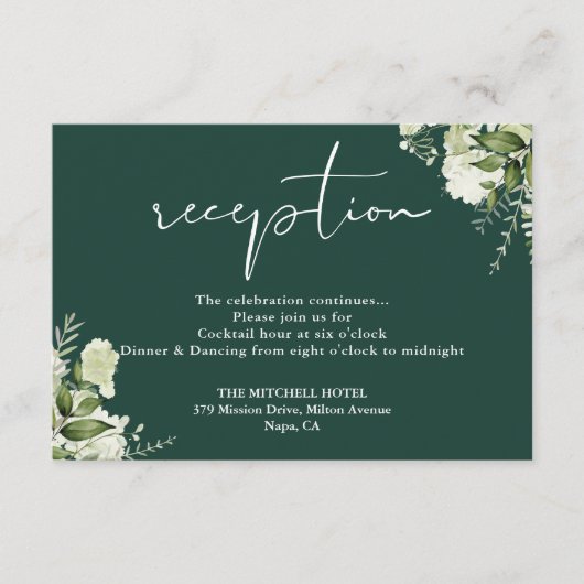Emerald Green Floral Script Hochzeitsempfang Begleitkarte (Vorderseite)