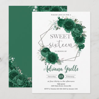 Emerald Green Floral Silver 16 . Geburtstag Geburt Einladung