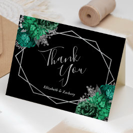 Emerald Green Floral Silver Black Wedding Dankeskarte