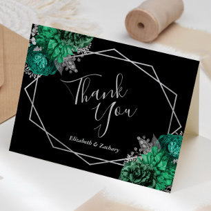 Emerald Green Floral Silver Black Wedding Dankeskarte