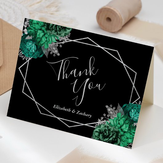 Emerald Green Floral Silver Black Wedding Dankeskarte