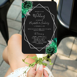 Emerald Green Floral Silver Black Wedding Program Fächer