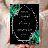 Emerald Green Floral Silver Frame Black Wedding Einladung